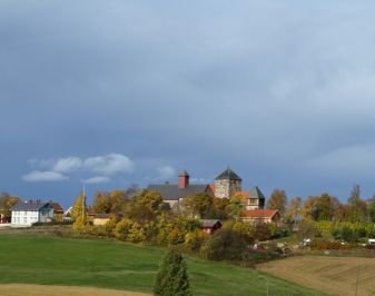 Horisont med små hus, grønn mark og blå himmel
